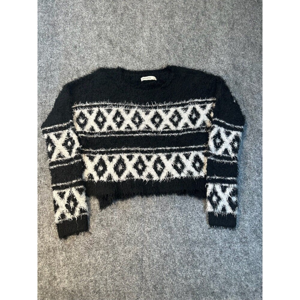 Abercrombie Fitch Girls Fuzzy Knit Sweater Size L Black White Pattern Cozy Soft
